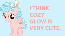 Size: 1844x1024 | Tagged: safe, imported from derpibooru, cozy glow, pegasus, pony, marks for effort, bow, cozybetes, cute, female, filly, freckles, pure concentrated unfiltered evil of the utmost potency, pure unfiltered evil, simple background, smiling, solo, text