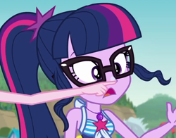 Size: 816x640 | Tagged: safe, imported from derpibooru, screencap, pinkie pie, sci-twi, twilight sparkle, equestria girls, equestria girls series, friendship math, boop, clothes, geode of telekinesis, glasses, ponytail, sunscreen, swimsuit