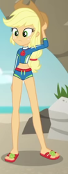 Size: 220x560 | Tagged: safe, imported from derpibooru, screencap, applejack, aww... baby turtles, equestria girls, equestria girls series, applejack's beach shorts swimsuit, clothes, feet, female, flip-flops, geode of super strength, sandals, solo, swimsuit