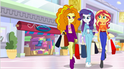 Size: 1600x895 | Tagged: safe, artist:limedazzle, imported from derpibooru, part of a set, adagio dazzle, rarity, sunset shimmer, equestria girls, belly shirt, boots, canterlot mall, clothes, female, looking at each other, mall, midriff, pants, shoes, shopping, shopping bag, shopping bags, shopping mall, show accurate