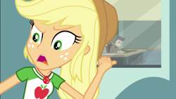 Size: 1280x720 | Tagged: safe, imported from derpibooru, screencap, applejack, cranky doodle donkey, equestria girls, equestria girls series, happily ever after party, geode of super strength, happily ever after party: applejack, pointing