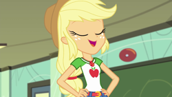 Size: 1280x720 | Tagged: safe, imported from derpibooru, screencap, applejack, equestria girls, equestria girls series, happily ever after party, female, geode of super strength, hand on hip, happily ever after party: applejack, solo