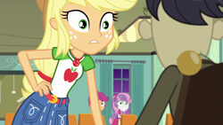 Size: 1280x720 | Tagged: safe, imported from derpibooru, screencap, applejack, cranky doodle donkey, scootaloo, sweetie belle, equestria girls, equestria girls series, happily ever after party, applejack's hat, clothes, cowboy hat, denim skirt, geode of super strength, hand on hip, happily ever after party: applejack, hat, magical geodes, skirt, stetson