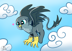 Size: 1748x1240 | Tagged: safe, artist:christheblue, imported from derpibooru, gabby, griffon, cloud, cute, female, flying, gabbybetes, heart, sky, solo