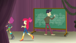 Size: 1280x720 | Tagged: safe, imported from derpibooru, screencap, apple bloom, cranky doodle donkey, scootaloo, equestria girls, equestria girls series, happily ever after party, ass, boots, butt, chalkboard, happily ever after party: rainbow dash, shoes, sneaking