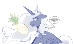 Size: 1250x750 | Tagged: safe, artist:cosmalumi, artist:its-gloomy, imported from derpibooru, nightmare moon, alicorn, pony, tumblr:ask queen moon, cute, eating, female, floppy ears, food, mare, pineapple, simple background, speech bubble, tumblr, white background