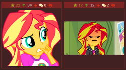 Size: 451x252 | Tagged: safe, imported from derpibooru, sunset shimmer, derpibooru, equestria girls, legend of everfree, i'm not cute, juxtaposition, juxtaposition win, meme, meta, reaction image, vector