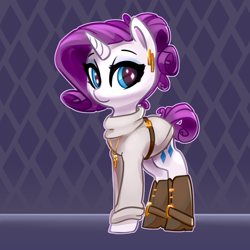 Size: 4000x4000 | Tagged: safe, artist:lilfunkman, imported from derpibooru, rarity, pony, unicorn, alternate hairstyle, belt, boots, clothes, ear piercing, earring, female, jewelry, looking at you, mare, necklace, piercing, shoes, short tail, smiling, solo, starry eyes, sweater, wingding eyes