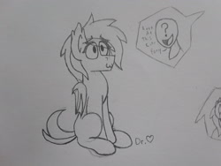 Size: 2576x1932 | Tagged: safe, artist:drheartdoodles, imported from derpibooru, oc, oc only, oc:anon, oc:nossirah, bat, bat pony, fangs, mystery mark, question mark, sitting, smiling, traditional art