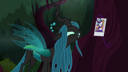 Size: 1280x720 | Tagged: safe, imported from derpibooru, screencap, queen chrysalis, rarity, changeling, changeling queen, pony, unicorn, the mean 6, female, hair, picture, solo, tree