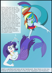 Size: 2124x2955 | Tagged: safe, artist:physicrodrigo, edit, editor:rmzero, imported from derpibooru, part of a set, rainbow dash, rarity, angler fish, mermaid, series:equestria mermaids, equestria girls, clothes, curse, cursed, dialogue, dress, gills, grin, jewelry, mermaidized, midriff, necklace, ocean, part of a series, pearl, pearl necklace, smiling, species swap, text