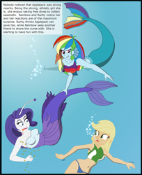 Size: 2683x3296 | Tagged: safe, artist:physicrodrigo, edit, editor:rmzero, imported from derpibooru, part of a set, applejack, rainbow dash, rarity, angler fish, mermaid, series:equestria mermaids, equestria girls, belly button, bikini, bikini bottom, bikini top, bubble, clothes, curse, cursed, dialogue, dress, gills, grin, jewelry, mermaidized, midriff, necklace, ocean, part of a series, pearl, pearl necklace, smiling, species swap, submarine, surprised, swimsuit, text