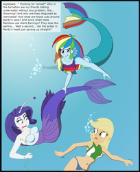 Size: 2683x3296 | Tagged: safe, artist:physicrodrigo, edit, editor:rmzero, imported from derpibooru, part of a set, applejack, rainbow dash, rarity, angler fish, mermaid, series:equestria mermaids, equestria girls, belly button, bikini, bikini bottom, bikini top, bubble, clothes, curse, cursed, dialogue, dress, grin, jewelry, mermaidized, midriff, necklace, ocean, part of a series, pearl, pearl necklace, smiling, species swap, submarine, surprised, swimsuit, text