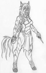Size: 1366x2144 | Tagged: safe, artist:siegfriednox, imported from derpibooru, oc, oc:pythia, anthro, unguligrade anthro, zebra, fallout equestria, fallout equestria: project horizons, clothes, fanfic art, grayscale, knife, long mane, monochrome, shaman, traditional art, witch