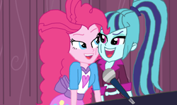 Size: 2000x1191 | Tagged: safe, artist:ktd1993, imported from derpibooru, pinkie pie, sonata dusk, equestria girls, clothes, female, lesbian, looking at each other, microphone, musical instrument, open mouth, piano, pinata (ship), shipping