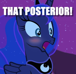 Size: 504x487 | Tagged: safe, edit, edited screencap, imported from derpibooru, screencap, princess luna, alicorn, pony, luna eclipsed, blushing, cropped, crown, dat ass, dat butt, female, image macro, jewelry, mare, meme, open mouth, peytral, regalia, shocked, solo, ye olde english
