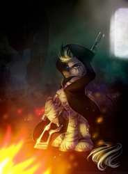 Size: 737x1000 | Tagged: safe, artist:limreiart, imported from derpibooru, oc, oc only, oc:zerus, pony, zebra, fallout equestria, cloak, clothes, fire, gun, male, rifle, sitting, sniper rifle, snow, solo, weapon, zebra oc