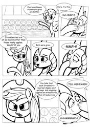 Size: 902x1280 | Tagged: safe, artist:ahobobo, imported from derpibooru, applejack, princess ember, strawberry sunrise, dragon, comic:expanding relations, apple pie, cart, dragoness, fanfic art, female, food, force feeding, grayscale, monochrome, pie, this will end in weight gain