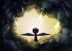 Size: 1280x905 | Tagged: safe, artist:calena, imported from derpibooru, songbird serenade, pegasus, pony, my little pony: the movie, cloud, female, flying, lightning, sia (singer), sky, solo, thunder