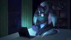 Size: 2700x1519 | Tagged: safe, artist:wingell, imported from derpibooru, oc, oc only, oc:alpine apotheon, anthro, pegasus, unguligrade anthro, anthro oc, clothes, commission, computer, digital art, female, high res, laptop computer, mare, night, shirt, signature, solo, ych result