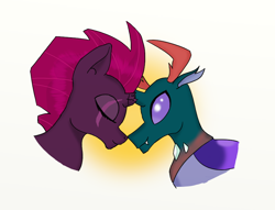 Size: 850x650 | Tagged: safe, artist:eulicious, imported from derpibooru, pharynx, tempest shadow, changedling, changeling, pony, unicorn, broken horn, crack shipping, eye scar, eyes closed, fangs, horn, interspecies, prince pharynx, scar, shipping, simple background, tempynx