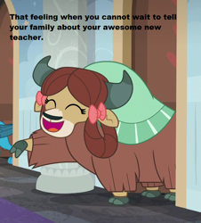 Size: 652x720 | Tagged: safe, edit, edited screencap, imported from derpibooru, screencap, gallus, yona, yak, season 8, the hearth's warming club, bow, braid, cloven hooves, cropped, cute, dorm, dormitory, excited, happy, implied letter, implied rockhoof, implied yaks, school of friendship, text, tfw, yonadorable