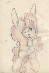 Size: 662x977 | Tagged: safe, artist:slightlyshade, imported from derpibooru, sunset shimmer, pony, clothes, female, long ears, one eye closed, one-piece swimsuit, solo, swimsuit, traditional art, wink