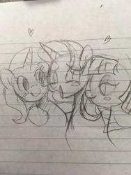 Size: 960x1280 | Tagged: safe, artist:leslers, imported from derpibooru, maud pie, starlight glimmer, trixie, earth pony, pony, unicorn, female, lesbian, lined paper, mauxie, monochrome, pencil drawing, polyamory, shipping, starmaud, starmauxie, startrix, traditional art