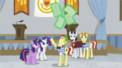 Size: 1356x756 | Tagged: safe, imported from derpibooru, screencap, chancellor neighsay, flam, flim, twilight sparkle, alicorn, friendship university, flim flam brothers, magic, twilight sparkle (alicorn), written equestrian