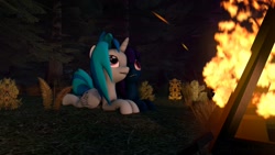 Size: 1920x1080 | Tagged: safe, artist:gr-vinyl-scratch, imported from derpibooru, dj pon-3, vinyl scratch, oc, oc:nightshade, alicorn, bat pony, 3d, alicornified, campfire, fire, firewood, forest, looking up, lying down, race swap, tree