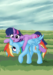 Size: 2480x3507 | Tagged: safe, artist:calena, imported from derpibooru, rainbow dash, twilight sparkle, pegasus, pony, unicorn, adorkable, cuddling, cute, dashabetes, derp, dork, female, grass field, lesbian, mare, playing, ponies riding ponies, riding, shipping, silly, silly pony, twiabetes, twidash, twilight riding rainbow dash