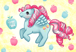 Size: 900x616 | Tagged: safe, artist:hinchen, imported from derpibooru, sugar apple, pegasus, pony, abstract background, blushing, female, g1, mare, solo, text