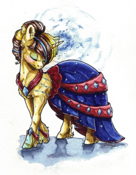 Size: 1577x2032 | Tagged: safe, artist:gaelledragons, imported from derpibooru, oc, oc only, oc:paradox nebula, pony, unicorn, art trade, clothes, dress, female, magic, mare, peytral, solo, traditional art, watercolor painting