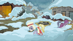 Size: 1440x809 | Tagged: safe, imported from derpibooru, screencap, earth pony, pony, hearth's warming eve (episode), background pony, bags under eyes, barn, clothes, earth pony tribe, female, hut, male, mare, snow, stallion, unnamed character, unnamed pony, village