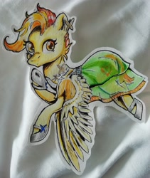 Size: 2860x3384 | Tagged: safe, artist:ilynalta, imported from derpibooru, oc, oc only, oc:little flame, pegasus, pony, art trade, clothes, dress, looking at you, see-through, shoes, solo, traditional art