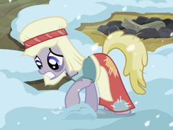 Size: 474x356 | Tagged: safe, imported from derpibooru, screencap, flurry, earth pony, pony, hearth's warming eve (episode), background pony, bags under eyes, clothes, cropped, earth pony tribe, female, mare, snow, solo