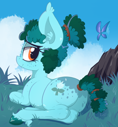 Size: 2139x2301 | Tagged: safe, artist:dragonpone, artist:paskanaakka, derpibooru exclusive, imported from derpibooru, oc, oc only, oc:gleamblossom, butterfly, earth pony, pony, bags under eyes, butt, butt freckles, cloud, collaboration, colored, colored hooves, colored sketch, ear fluff, female, freckles, grass, lidded eyes, looking back, mare, plot, prone, shoulder freckles, smiling, solo, tail wrap, unshorn fetlocks