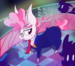 Size: 1981x1732 | Tagged: safe, artist:dragonpone, derpibooru exclusive, imported from derpibooru, svengallop, earth pony, pony, blushing, clothes, club, dialogue, glasses, lidded eyes, looking away, male, necktie, open mouth, raised hoof, regret, silhouette, stallion, suit, sweat