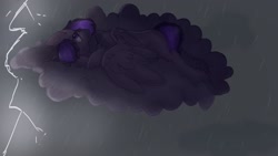 Size: 1920x1080 | Tagged: safe, artist:enderselyatdark, imported from derpibooru, oc, oc only, oc:bloonya, pegasus, pony, cloud, eyes open, lightning, lying down, lying on a cloud, on a cloud, open eyes, purple eyes, rain, rcf community, solo, storm, trade, wings