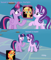 Size: 880x1024 | Tagged: safe, edit, edited screencap, imported from derpibooru, screencap, starlight glimmer, sunset shimmer, twilight sparkle, alicorn, abuse, angry, background pony strikes again, crying, dialogue, discovery family logo, eea rulebook, happy, jealous, op is a duck, op is trying to start shit, op isn't even trying anymore, out of character, sad, shimmerbuse, shocked, thug, truth, twilight sparkle (alicorn)