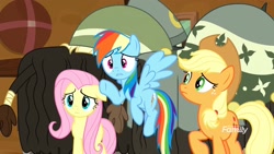 Size: 1920x1080 | Tagged: safe, imported from derpibooru, screencap, applejack, fluttershy, rainbow dash, yona's dad, earth pony, pegasus, pony, yak, yakity-sax, female, male, mare, unnamed character, unnamed yak