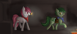 Size: 1599x715 | Tagged: safe, artist:deerdraw, imported from derpibooru, oc, oc only, oc:cherry cerise, oc:hickory leaf, earth pony, pony, cave, commission, ear piercing, female, glasses, lava, male, minecraft, pickaxe, piercing, walking