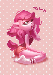 Size: 1280x1810 | Tagged: safe, artist:holivi, imported from derpibooru, oc, oc only, oc:holivi, anthro, plantigrade anthro, clothes, kneeling, morning ponies, not pinkie pie, open mouth, shorts, socks, tanktop, yawn