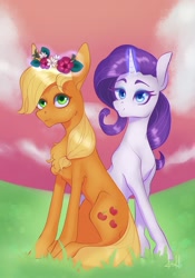 Size: 937x1339 | Tagged: safe, artist:dumddeer, imported from derpibooru, applejack, rarity, cute, duo, female, floral head wreath, flower, jackabetes, lesbian, levitation, magic, raribetes, rarijack, shipping, telekinesis, wreath