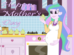 Size: 1280x960 | Tagged: safe, artist:myfavoritepreggopics, imported from derpibooru, princess celestia, equestria girls, apron, belly, big belly, clothes, cupcake, food, frosting, momlestia, mother's day, outie belly button, oven, preglestia, pregnant, pregnant equestria girls, principal celestia, smiling