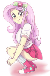 Size: 2315x3491 | Tagged: safe, artist:sumin6301, imported from derpibooru, fluttershy, equestria girls, blushing, clothes, converse, cute, female, gradient background, hands together, legs, looking at you, miniskirt, pleated skirt, schrödinger's pantsu, shoes, shyabetes, skirt, smiling, sneakers, socks, solo, squatting, tanktop, thighs