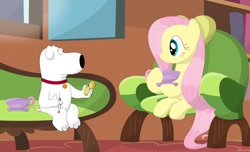 Size: 1148x696 | Tagged: safe, artist:porygon2z, imported from derpibooru, fluttershy, dog, pegasus, pony, brian griffin, cigarette, crossover, family guy, food, tea