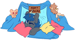 Size: 6921x3643 | Tagged: safe, artist:cutepencilcase, imported from derpibooru, oc, oc only, pony, unicorn, blanket fort, cute, mouth hold, one eye closed, pillow, plushie, simple background, solo, transparent background, wink