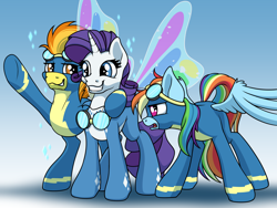 Size: 2000x1500 | Tagged: safe, artist:ohemo, imported from derpibooru, rainbow dash, rarity, spitfire, pegasus, pony, unicorn, atg 2018, blue background, butterfly wings, clothes, female, goggles, mare, newbie artist training grounds, side hug, simple background, trio, uniform, wonderbolts uniform