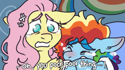 Size: 850x476 | Tagged: safe, artist:scenesonic, imported from derpibooru, fluttershy, rainbow dash, pegasus, pony, tanks for the memories, clothes, crying, dialogue, duo, duo female, female, mare, rainbow dash's house, sad, scene interpretation